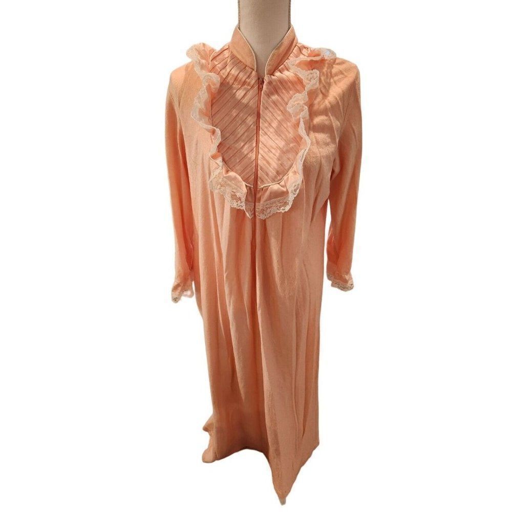 Vintage 80s Suzanne Beth Coral Pink Half Zip Fleece Robe Satin Lace M